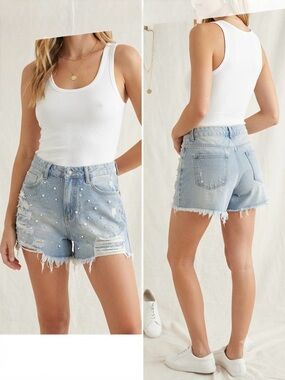 Pearl-Embellished Light Blue Denim Shorts